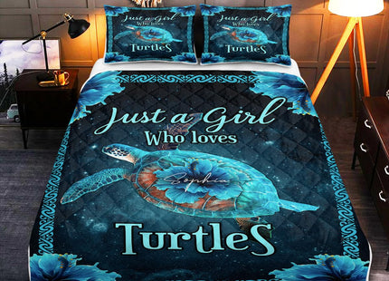 SOULZZZ Just A Girl Who Loves Turtles Quilt for Teens Boys and Girls Boho Turtle Bedding Set Twin Size Sea Turtle Ocean Animal Bed Set with 2 Pillowcases