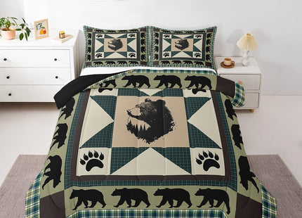 Erosebridal Black Bear Comforter Set Western Bedding Set Twin Patchwork Geometric Triangle Lattice Quilt Woodland Wildlife Bear Paw Print Duvet Insert,Green Checkered Buffalo Plaid Decor