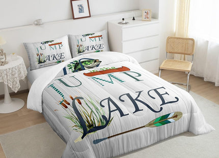 Castle Fairy Lake Paddle Comforter Set Twin Size,Rustic Lakeside Cabin Decor Bedding Set for Kids Boys Men,Fish Country Farm Wooden Board Quilted Duvet Set with 1 Pillowcase