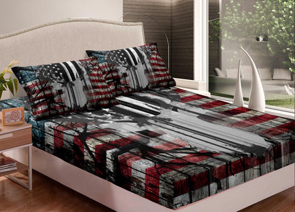 Feelyou American Flag Deer Antlers Bed Sheets Hunting Camping Sheet Set for Kids Boys Girls USA Flag Bed Set Tree Branch Bedding Sheets 1 Sheet Set with 2 Pillowcases Queen Size