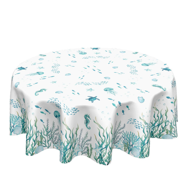 Ancordivo Summer Coastal Round Tablecloth 60 Inch Nautical Sea Turtle Seaweed Jellyfish Polyester Table Cloth Rustic Farmhouse Beach Theme Table Cover for Kitchen Dinner Party Decor