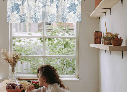 Pinroote Blue Grey Coastal Valances for Windows Treatment Farmhouse Decor, Sea Turtle Nautical Coral Summer Beach Rod Pocket Valance Curtains for Living Room, Bedroom, Kitchen, 54"W x 18"L - 1 Panel