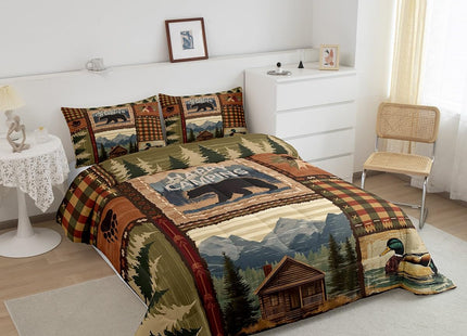 RV Camper Queen Comforter Set,Happy Camping Bedding Set for Teens Youth,Hunting Duck Bear Bedding Comforter Sets Rustic Plaid Woodland Adventure Duvet Insert with 2 Pillow Shams Bedroom Decor