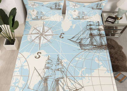 Erosebridal Nautical Fitted Sheet, World Map Bottom Sheet for Kids Boys Girls Teens, Sailing Boat Yacht Retro Compass Bedding Set Soft Mattress Twin
