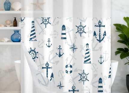 TQUQOBU No Hook Shower Curtain with Snap in Liner, Nautical Double Layers Waterproof Polyester Fabric Shower Curtain, Coastal Lighthouse Anchor Shower Curtains for Bathroom Decor, 71x74 Inch