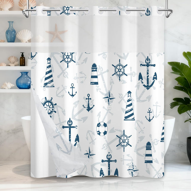 TQUQOBU No Hook Shower Curtain with Snap in Liner, Nautical Double Layers Waterproof Polyester Fabric Shower Curtain, Coastal Lighthouse Anchor Shower Curtains for Bathroom Decor, 71x74 Inch