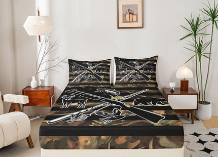 Hunting Fishing Bed Sheets For Kids Boys Men Camo American Flag Bedding Set Queen Wild Fish Duck Deer Bear Sheet Set Black Animal Silhouette Camouflage Fitted Sheet + Flat Sheet + 2 Pillow Cases