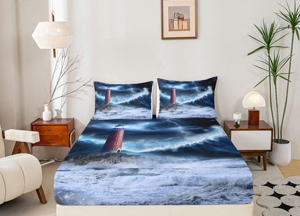 Erosebridal Lighthouse Bed Cover Nautical Fitted Sheet Surfing Ocean Wave Bedding Set Twin Size Coastal Nature Theme Fitted Sheet for Kids Boys Girls Teens Living Room Decor, Blue