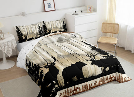 Feelyou Western Rustic Bear Deer Elk Comforter Set, Wooden Farmhouse Bedding Toddler, Hunting Wild Animal Quilt Forest Wildlife Hunting Bedding Comforter Sets Kids Boys Teens Adult Men Bedroom Decor