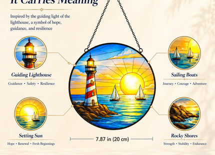 Lighthouse Ocean Suncatcher Window Hanging, 7.8" Stained Glass Decor, Symbolic Gift for Family, Friends and Loved Ones, Coastal Home Decor for Window, Wall, Living Room and Sunroom