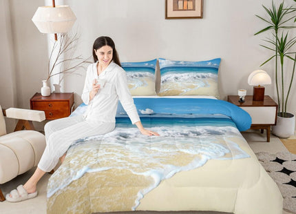 Ocean Wave Comforter Set for Kids Boys Girls Teens Twin, Hawaiian Beach with Foamy Waves Down Comforter, Sea Shore Holiday Theme All Season Quilted Duvet Coastal Nature Theme Soft Lightweight
