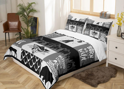 Deer Antlers Silhouette Duvet Cover Twin,Camping Adventure Bedding Set 2pcs for Kids Teens Adults Room Decor,Wild Animal Rustic Comforter Cover Lattice Black Grey Quilt Cover with 1 Pillowcase