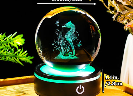 YWHL 3D Seahorse Crystal Ball Figurine with LED Base, Seahorse Gifts for Women Men on Christmas Birthday, Glass Sea Horse Decor Globe Night Light for Home Office (80mm)