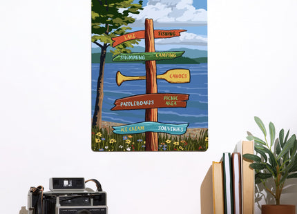 Lantern Press Maine, Signpost, Lake and Flowers, 12x18 Inch Aluminum Sign, Indoor or Outdoor Use
