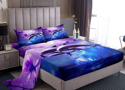 Galaxy Dolphin Sheet Set Twin Size Coastal Ocean Waves Bedding Purple Cherry Blossoms Sea Animal Bed Sheets For Kids Boys Girls Teens Moon Sky Starry Fitted Sheet + Flat Sheet + 1 Pillow Case Blue