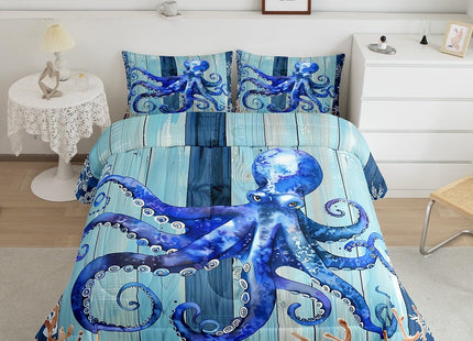 Erosebridal Blue Ocean Bedding Set Octopus Tentacles Comforter Set for Kids Child Wooden Plank Mandala Boho Floral Duvet Insert Under Sea Coral Reptile Duvet Filler Nautical Sea Animal Room Decor