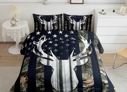 Rustic Deer Boys Bedding Set Queen Size,Deer Antlers Wild Animal Hunting Comforter Set,Army Green Camo Comforter Stars Stripes USA Flag Quilt with 2 Pillowcases, Camping Theme RV Cabin Lodge Decor
