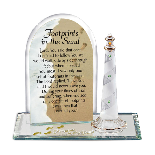 Glass Baron Lighthouse Figurine with Footprints in the Sand Poem