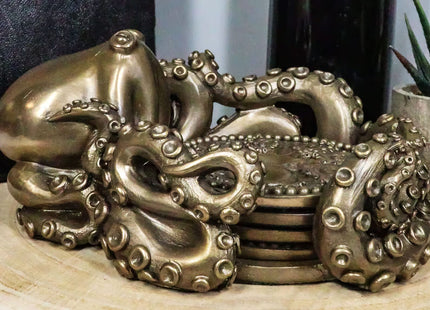 Ebros Bronze Finish Resin Nautical Giant Kraken Octopus Coaster Holder Figurine with 4 Round Coasters Table Decor Set Mythical Fantasy Statue