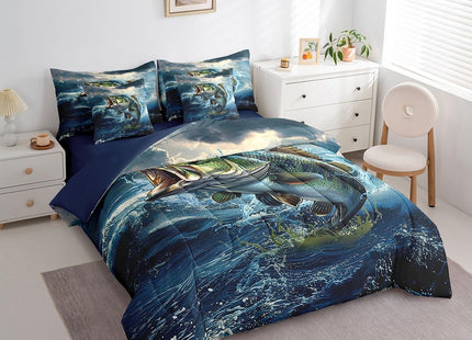 Feelyou Pike Fish Full Comforter Set with Sheets 7 Piece Bass Big Fish Bedding Set Ocean Fishing and Hunting Bed in a Bag
