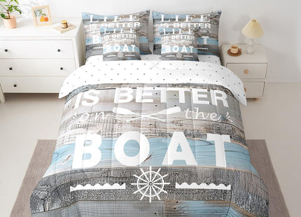 Erosebridal Lake House Comforter Set Twin Size 7 Piece,Paddle Boating Bedding Set with Sheet Set,Rustic Farmhouse Bed in A Bag Lake House Gifts for Men,Blue Grey Wooden Board Bed Set