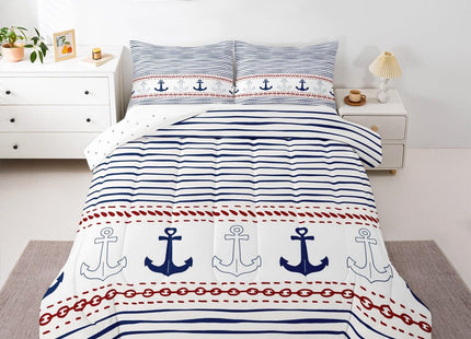 Boys Geometric Striped Bedding Set Navy Blue Anchor Comforter Set Twin Size Nautical Themed Quilted Duvet 2pcs for Kids Teens Men Adults Room Decor Sea Adventure Duvet Insert White,1 Pillowcase