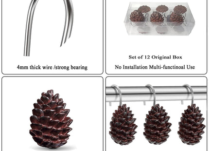 Gracelife Set of 12 Pinecone Shower Curtain Hooks Bathroom Rolling Hangers Curtain Sliding Hooks Resin Pothook