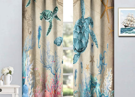 Nautical Green Sea Turtles Curtains, Jellyfish Beach Shell Coral Blue Ocean Beach Theme Rod Pocket Window Treatments Drapes for Bedroom Living Room 42x63in (Décor)