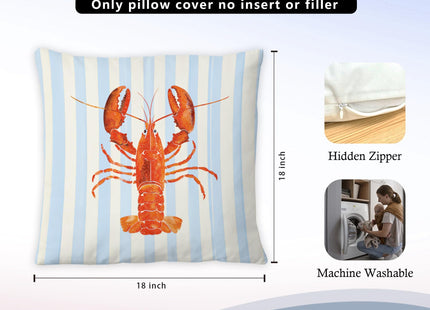 Exqcom Coastal Lobster Pillow Covers, New England Nautical Red Lobster Blue White Stripes Throw Pillow Covers for Beach House Summer Home, Preppy Beach Room Decor, Easter Coast Seafood Decor