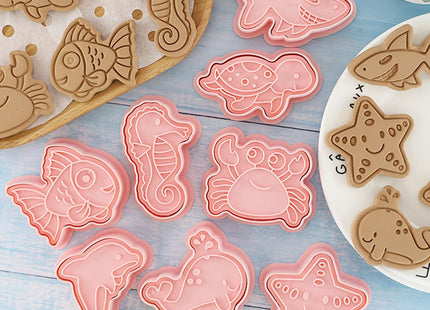 16Pcs Ocean Animal Cookie Cutters with Plunger Stamps Set, Fish, Dolphin, Starfish Plastic Biscuit Cutters, Sea Themed DIY Embossing Cutter for Biscuit Cookie Fondant Cheese Baking (F16)