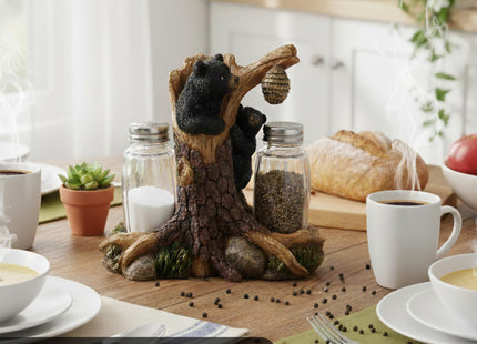 Pine Ridge Bear Salt And Pepper Shaker - Two Glass Shakers, Bear In Tree Holder Caddy For Spices And Seasonings, For Kitchen, Dining Or Table Décor