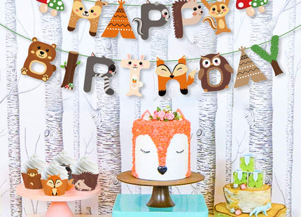 CC HOME Woodland Creature Birthday Banner,Woodland Animals Happy Birthday Forest Friend Animal Banner for Kids,Boys,Baby Shower,Birthday Party Decoration