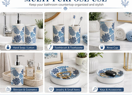 4-Piece Ceramic Bathroom Accessory Set, Blue Coastal Coral Design Soap Dispenser, Toothbrush Holder, Tumbler and Soap Dish, Ocean Sea Fan Bathroom Countertop Decor