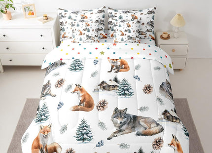 Erosebridal 7 Pcs Wolf Comforter Set Twin Size,Cute Fox Wildlife Bed in a Bag with Flat Sheet and Fitted Sheet for Kids Teens Adult,Rustic Cabin Lodge Bedding Set with Pillowcase and Sham Reversible