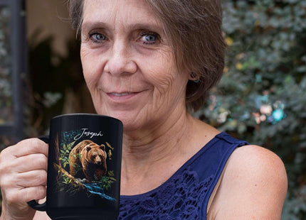 Cute Bear In Forest Design Mug, Customized Name Animal Lover Cup, Novelty Bear Design Black Mug, Personalized Bear Themed Coffee Cup, Gift For Son Daughter, Custom Animal Mug 11oz 15oz