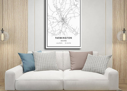QJWZZong Farmington Maine Map Black And White Lines Minimalist City Topography Canvas Posters Wall Art Bedroom Office Room Decor Gift Frame 12" L X 18" W