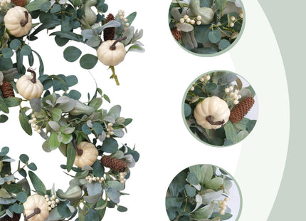 Egolot 70 Inch Fall White Pumpkin Green Leaves Garland for Front Door, Fall Green Leaves Garland with Berries Pinecone Pumpkin for Indoor Outdoor, Fall Home Decor