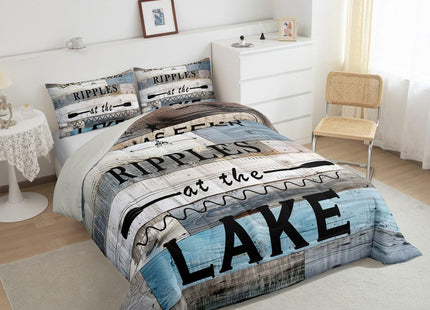 Homewish Lake Theme Comforter Set,Rustic Farmhouse Bedding Set for Kids Girls Women,Adults Lake Life Comforter,Wooden Barn Doors Quilted Duvet Set Bedroom Collection Twin Size 2Pcs