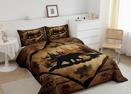 Lodge Cabin Bedding Set Queen Size 3 Pcs,Bear Wild Animal Silhouette Print Comforter Set for Kids Teens Adults,Jungle Pine Trees Brown Wooden Stripes Rustic Quilted Comforter with 2 Pillowcases