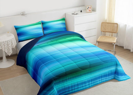Erosebridal Abstract Art Bedding Set Full Green Blue Gradient Comforter Set for Girls Boys,Geometric Stripe Quilt Sets Surf Ocean Waves Duvet Set Dreaming Glowing Bed Set,Breathable Super Cozy 3-Piece