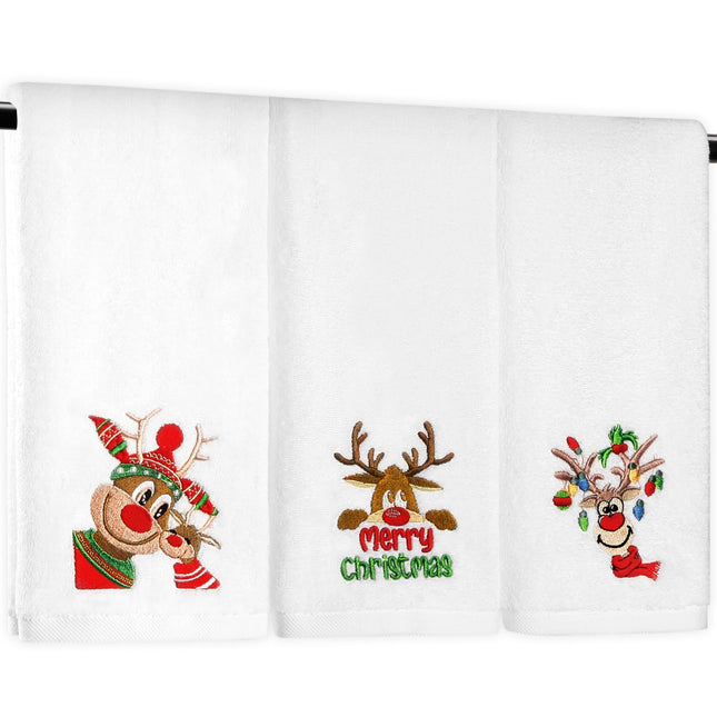 Quera 3 Pack Christmas Hand Towels, Winter Cartoon Reindeer Christmas Embroidery Rustic Cabin Decor Bathroom Decorative Holiday Towels Gift Set 13.7'' x 29.5''