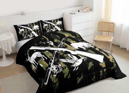 Erosebridal Hunting Duck Bear Deer Comforter Set Fishing Bass Fish Bedding Set Queen for Boys Men Green Camo American Flag Down Comforter Camouflage Hunt Flag Quilt Duvet Insert with 2 Pillow Cases