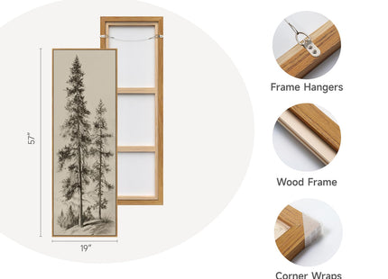 Framed Long Narrow Vintage Pine Tree Landscape Vertical Wall Art, 18x56 In