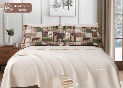 Comforter Set Queen Size Bear Moose Plaid Comforter Bedding-7 Piece Bed in a Bag,Soft Reversible Patchwork Microfiber Bedding Set (1 Comforter,1 Flat Sheet,1 Fitted Sheet,2 Pillowcases,2 Pillow Shams)