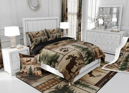 Feelyou Western Rustic Bear Deer Comforter Set Queen Size, Country Farmhouse Duvet Insert, Rustic Cabin Bedding Set,Elk Forest Animal Wildlife Hunting Patchwork Lodge Quilt, 2 Pillow Shams