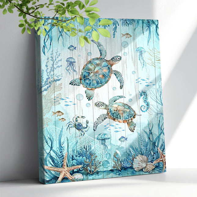 Nautical Beach Sea Turtle Bathroom Decor Wall Art Ocean Sea Turtle Paintings Artwork for Walls Teal Beach Theme Decor Pictures Prints Framed Decorations for Bedroom Bathroom Kitchen Home 12"x16"