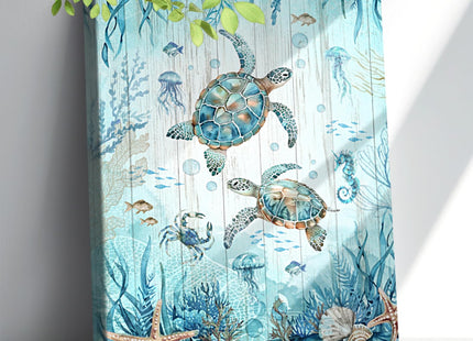 Nautical Beach Sea Turtle Bathroom Decor Wall Art Ocean Sea Turtle Paintings Artwork for Walls Teal Beach Theme Decor Pictures Prints Framed Decorations for Bedroom Bathroom Kitchen Home 20"x24"