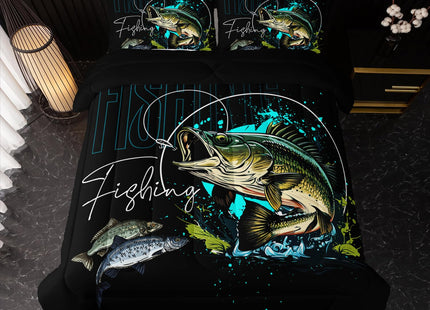 Nttopship Big Pike Fish Bedding ，Hunting and Fishing Brown Green Bedding Set Themed Comforter Set for Kids Boys Room Decor, Queen Bed in a Bag for Teens with 2 Pillowcases