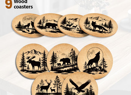 ANATTASOUL Mountain Forest Animals Wooden Coasters Set of 9 Bulk(3.9")