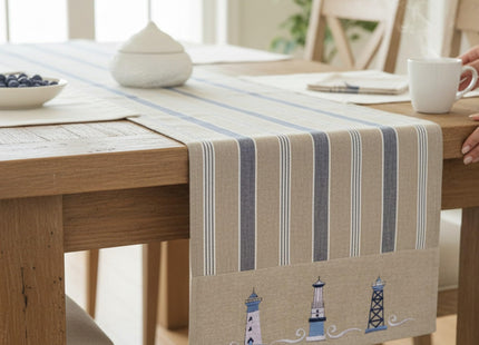 Nautical Table Runner - 72 Inch - Cotton Decorative Embroidered Design – Natural, Navy Blue and White (Coastal Lighthouse)